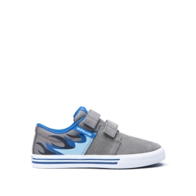 Kids Supra Low Top Shoes STACKS II VULC VELCRO Grey/Blue Flame/white | AU-51301